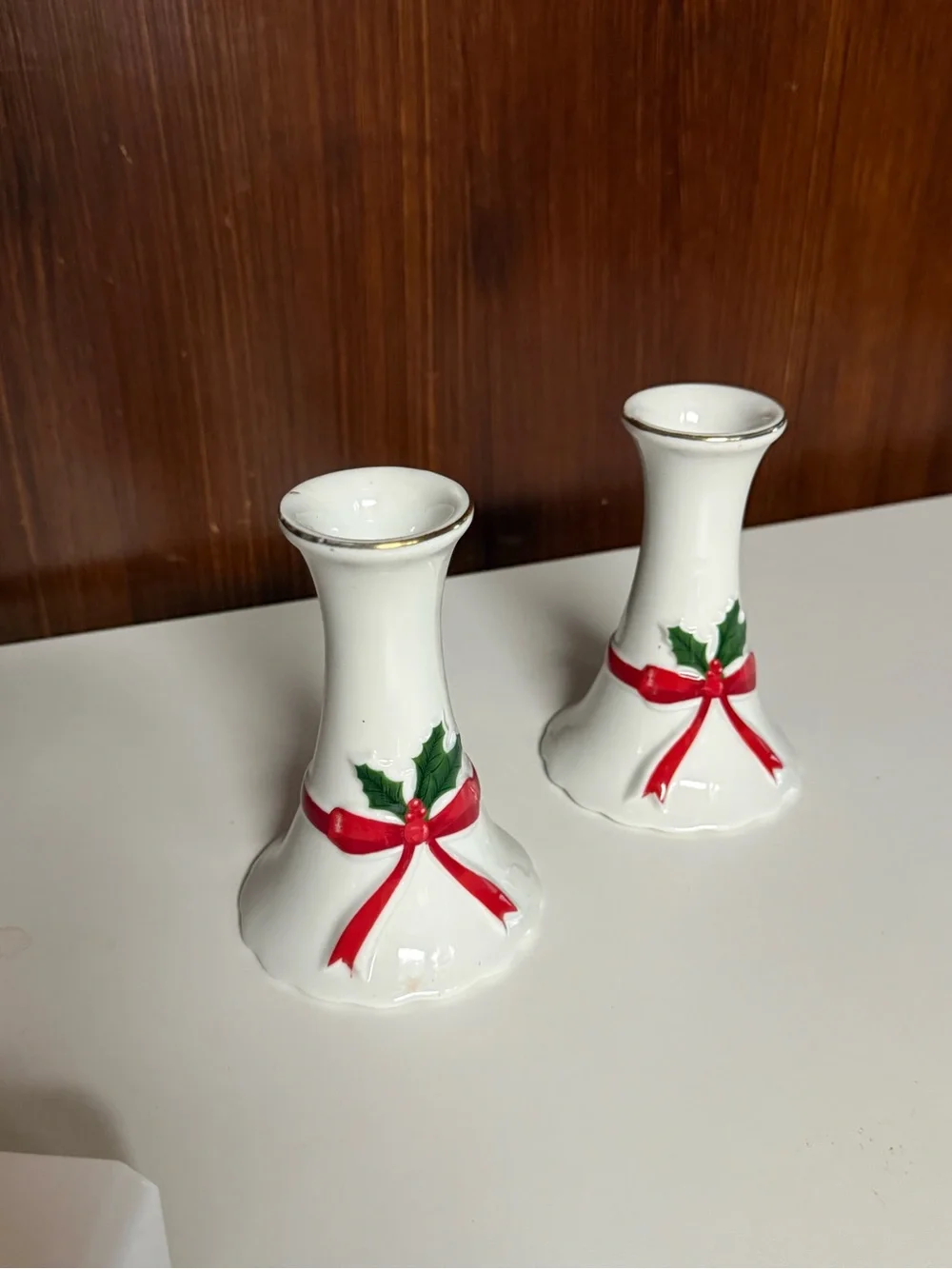 Vintage White Pottery Holiday Ribbon Candle Holder set